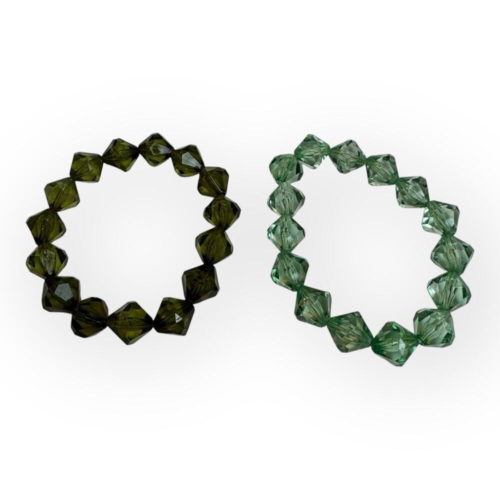 Vintage Set of‎ Two Green Faceted Bead Stretch Bracelets - Picture 5 of 7